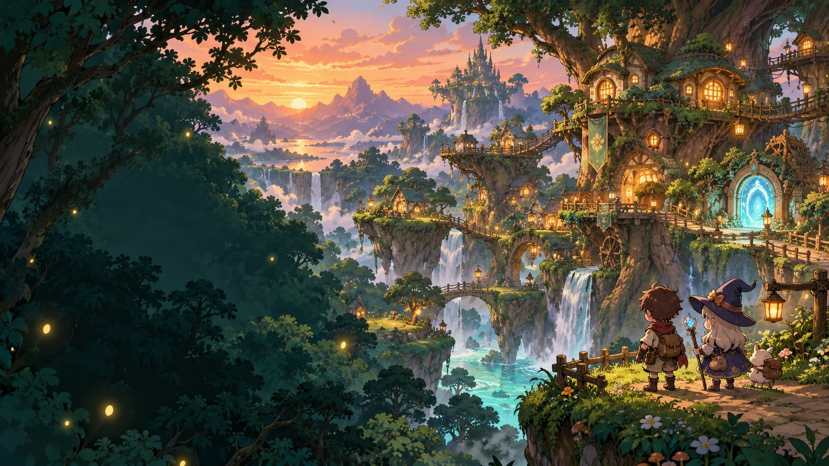 An illustrated Mopys forest village with tree houses, glowing portals and two adventurers
